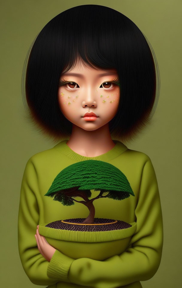 Digital artwork featuring girl with bob-cut hair and freckles in green sweater with tree design on green