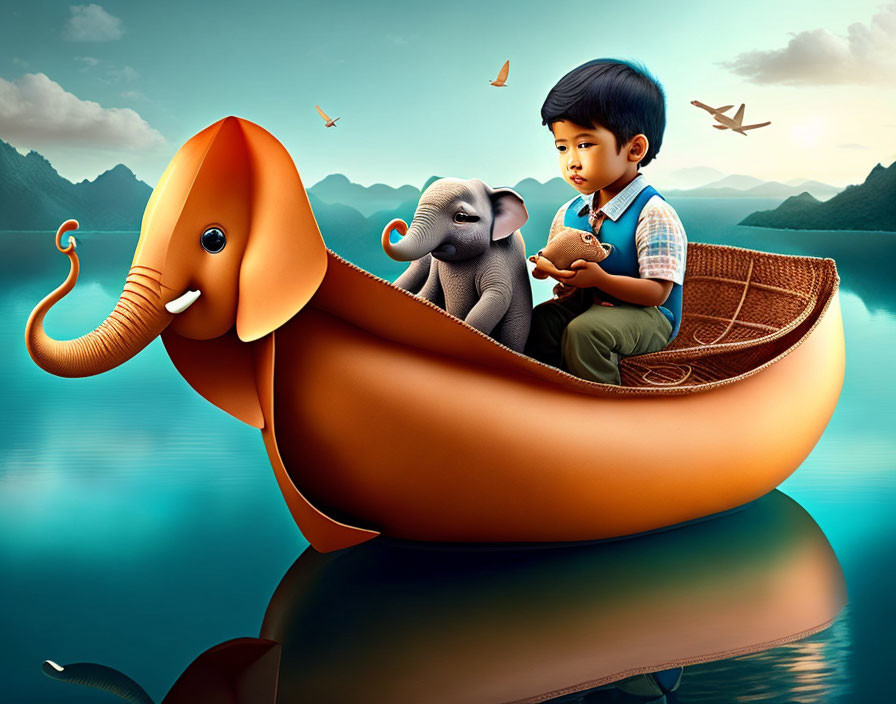 Boy in Elephant Boat with Stuffed Elephant by Lake and Mountains