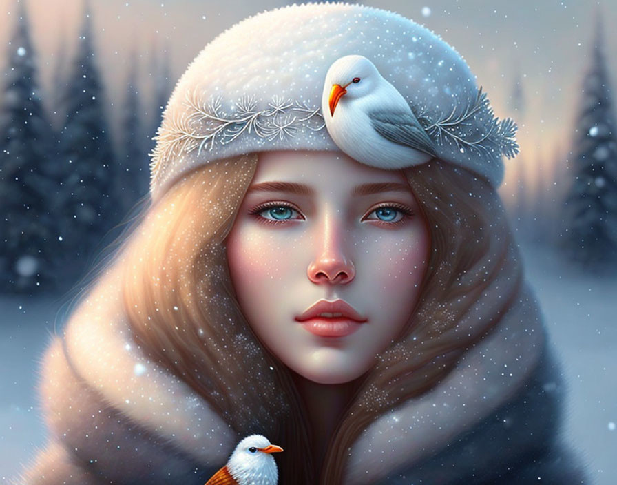 Digital artwork of woman with blue eyes in white fur hat, bird perched, snowy landscape & falling