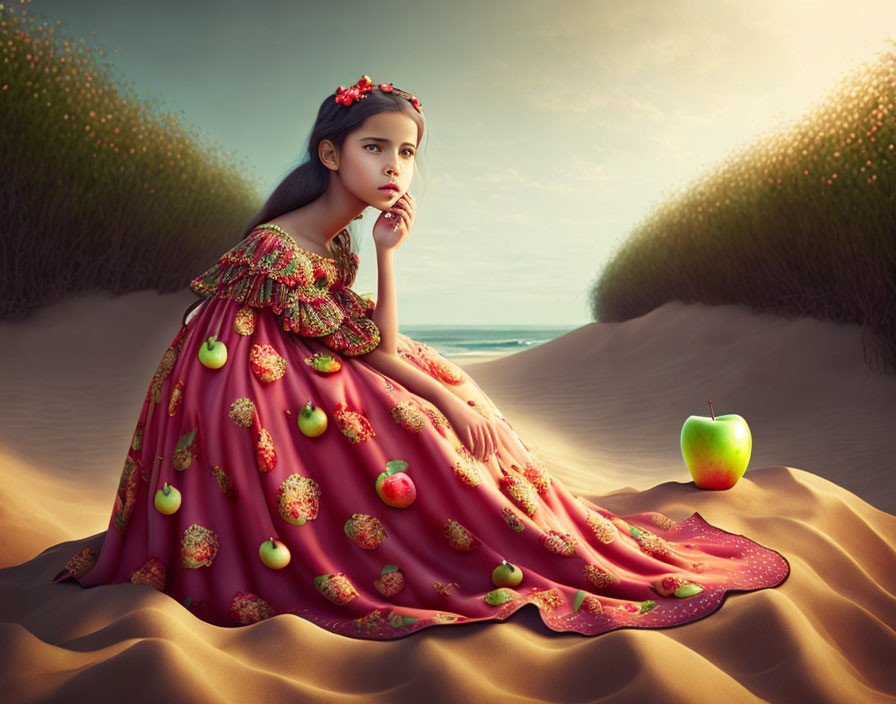 Contemplative girl in red fruit-adorned gown on sand dune with apple