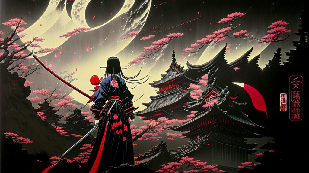 Samurai overlooking traditional Japanese scene with cherry blossoms and pagoda