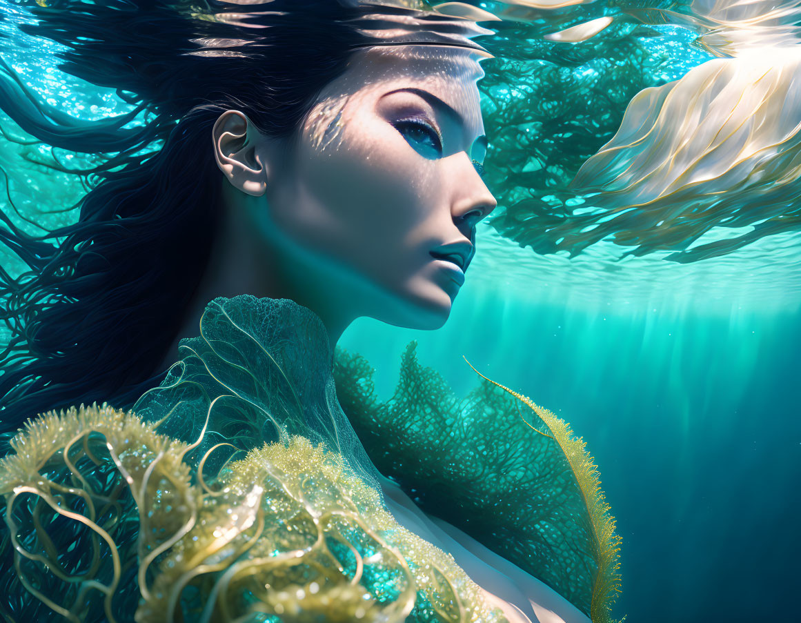 Woman in ethereal underwater scene with flowing hair among marine plants and dappled sunlight.