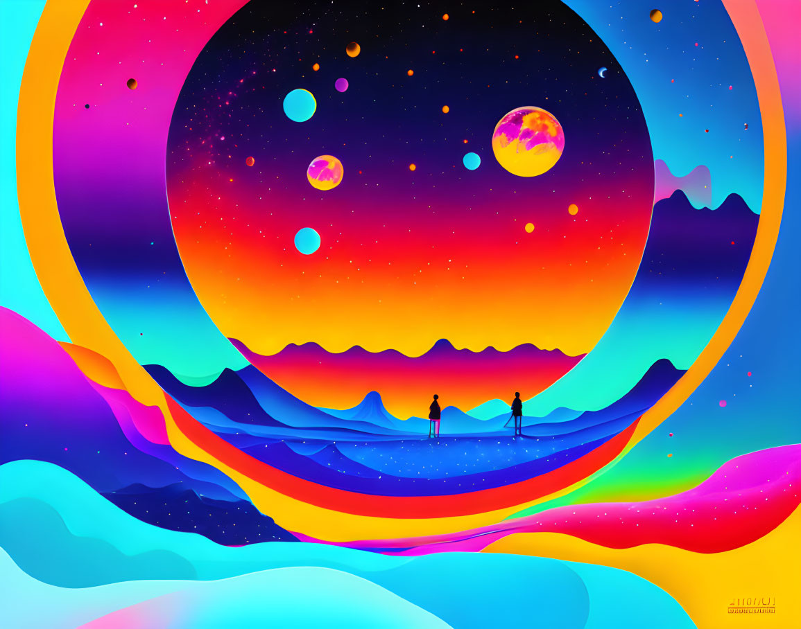 Colorful Digital Artwork: Silhouetted Figures on Surreal Landscape