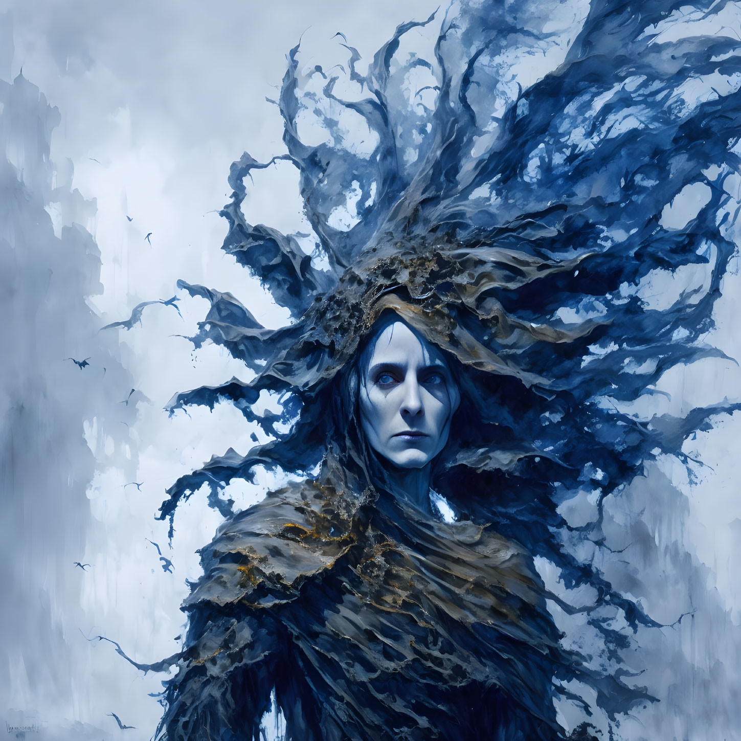 Surreal portrait of person with tree branches and roots as hair in blues and whites