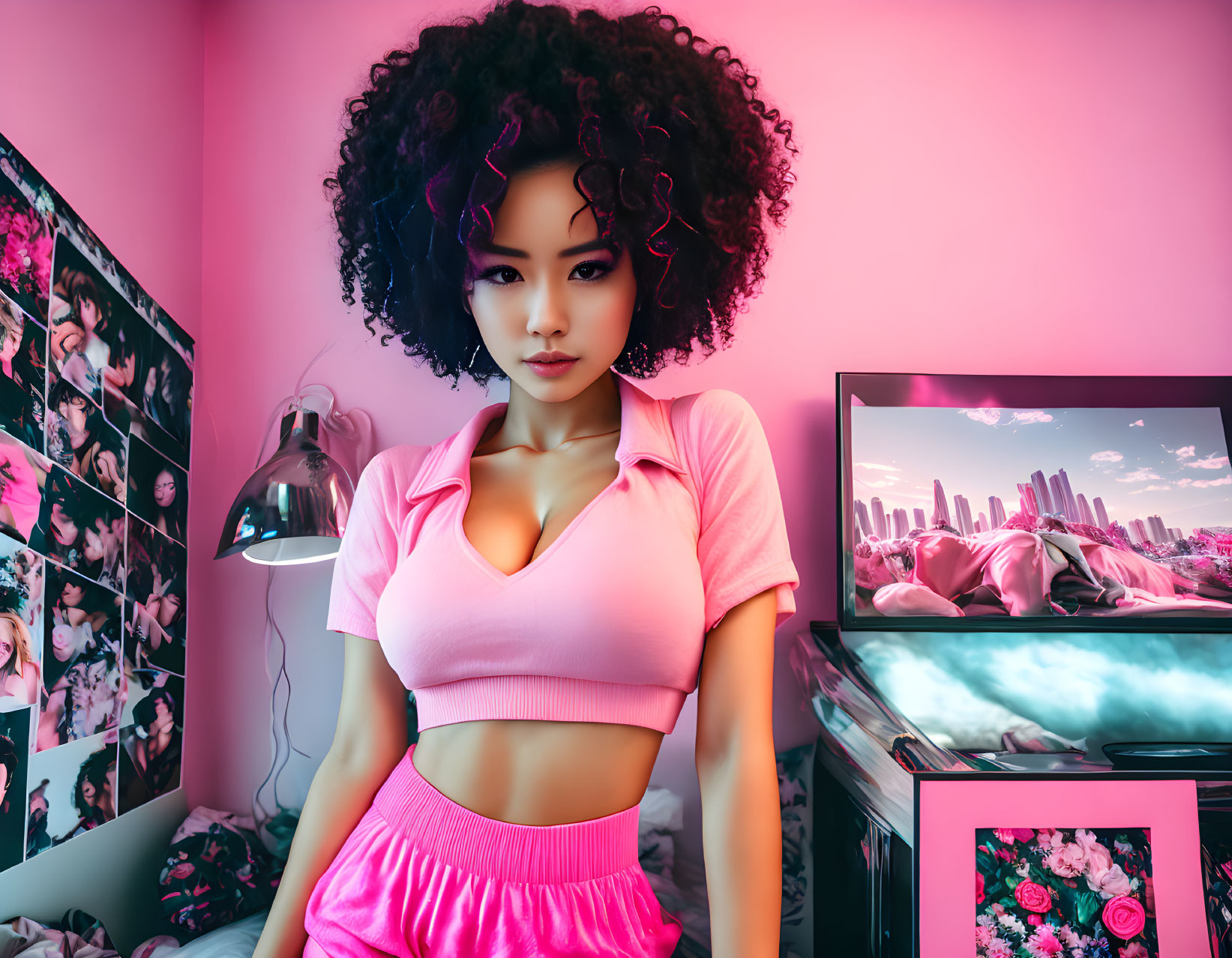 Curly-haired woman in pink outfit poses in pink-lit room with posters and vibrant screen.