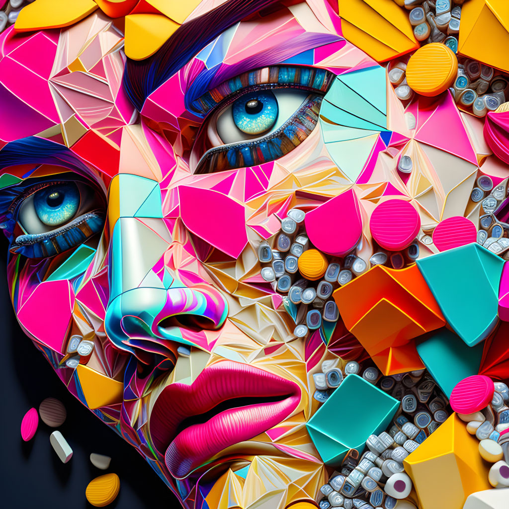 Colorful Abstract Digital Art of Geometric Face with Detailed Eyes and Lips