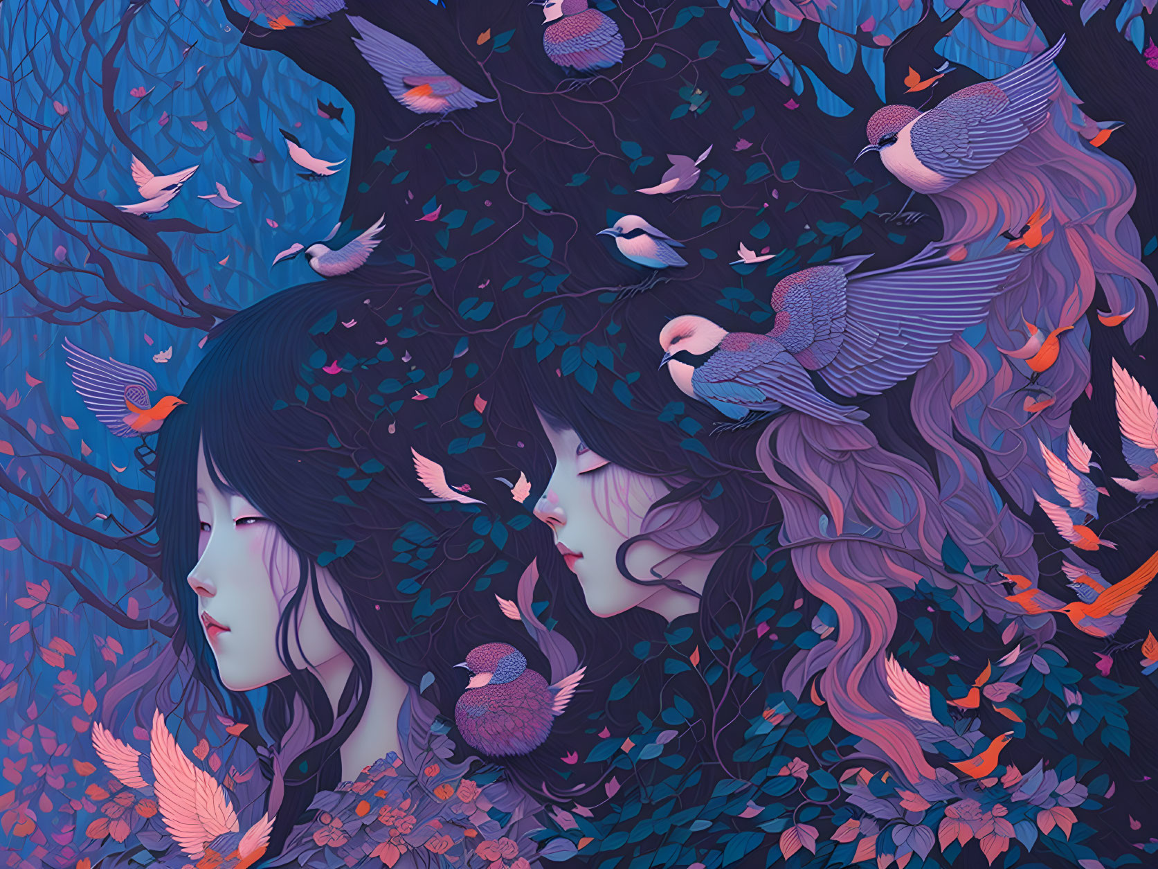 Illustration of two merging female figures in vibrant purple-toned forest scene