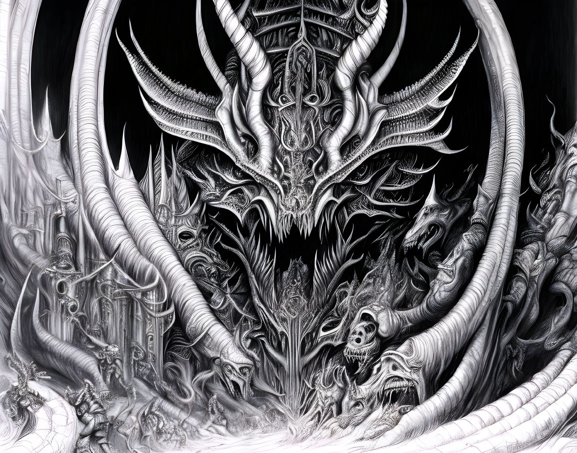 Detailed Monochromatic Drawing of Dragons and Serpentine Creatures