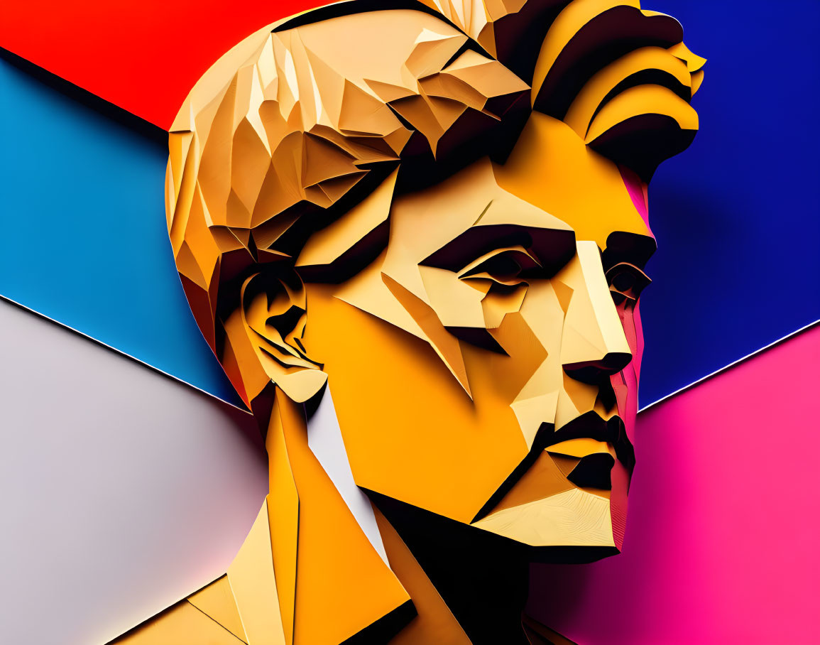 Colorful Geometric Digital Artwork: Stylized Male Face Profile on Multicolored Background