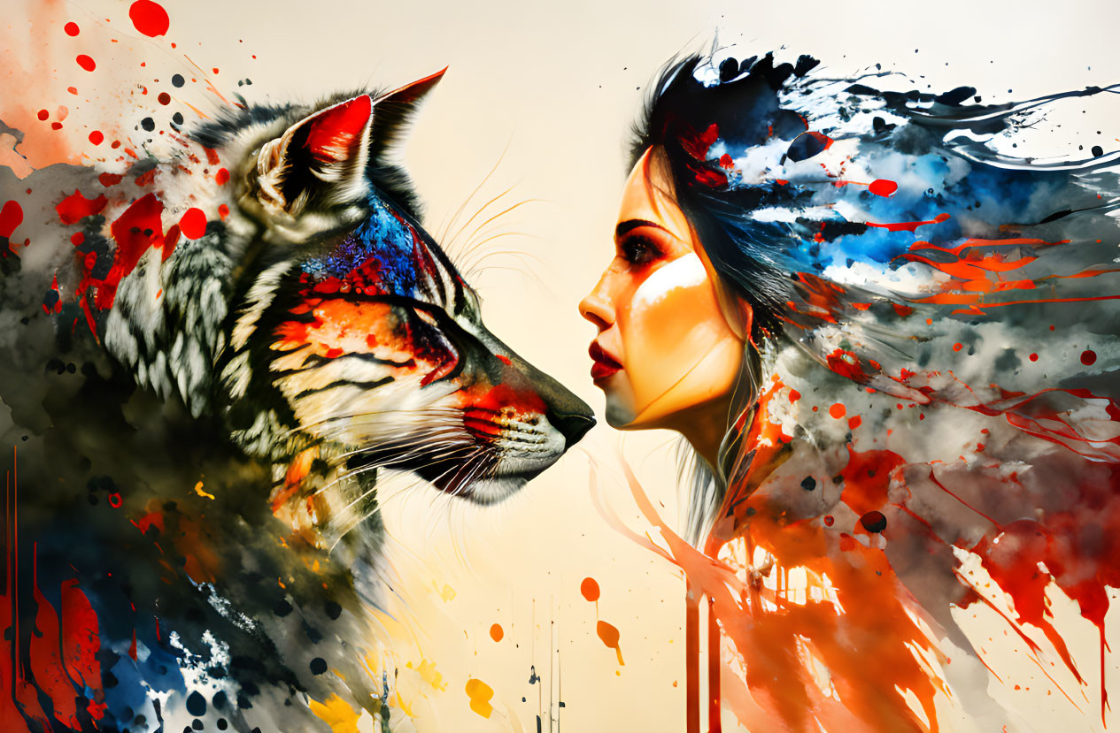 Digital painting of woman facing wolf in dynamic colors