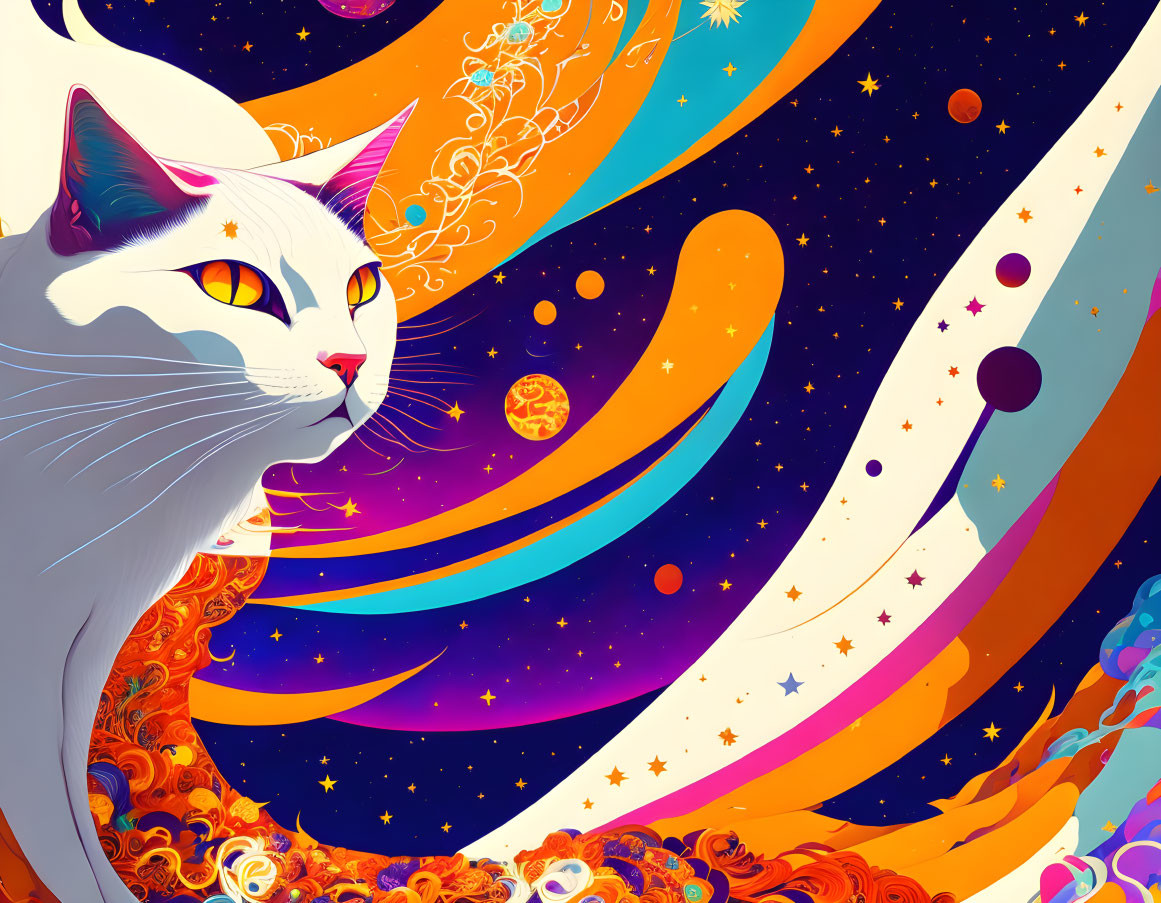 White cat with yellow eyes in cosmic galaxy scene