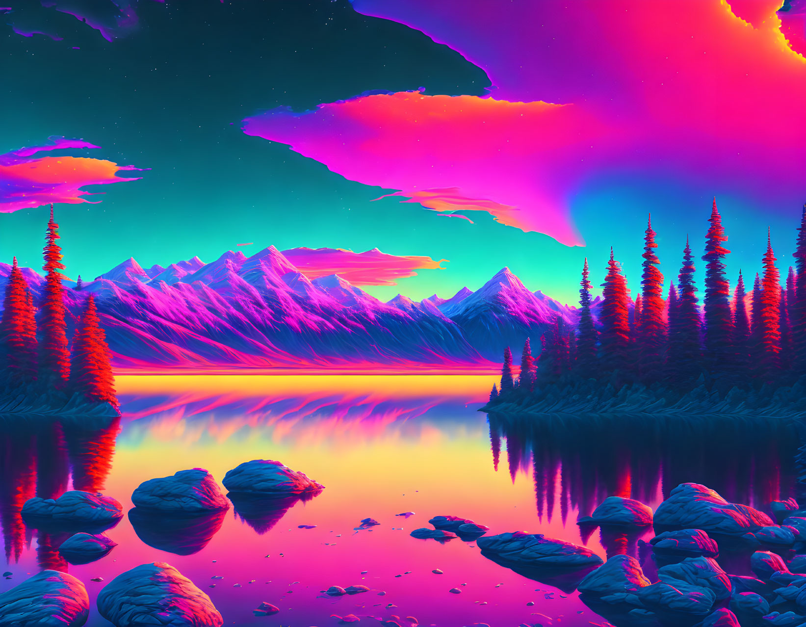 Surreal landscape: pink and blue skies, mountain range, tranquil lake