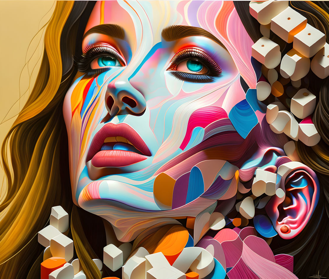 Colorful Abstract Digital Art of Woman's Face with Swirling Patterns