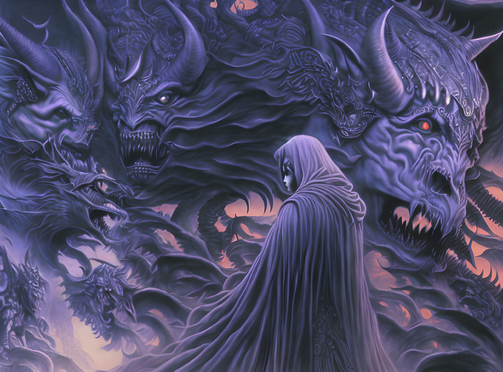 Cloaked figure confronts snarling mythical beasts in purple setting