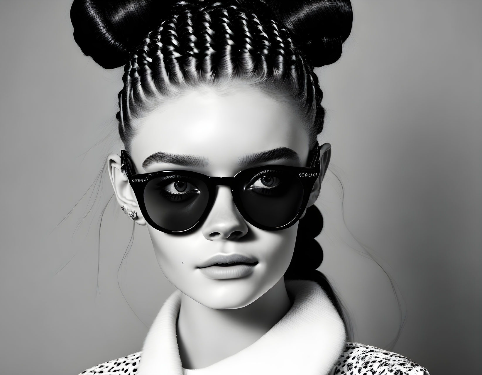 Monochrome image of woman with braided hair, double buns, stylish sunglasses, turtleneck