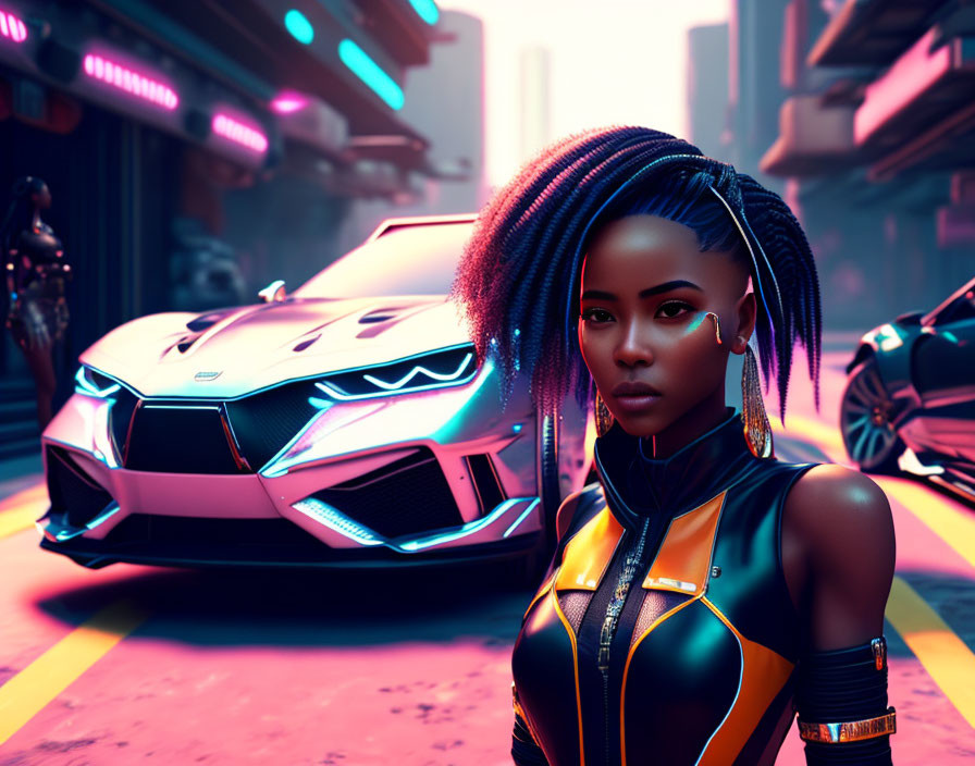 Futuristic woman with blue braided hair and sleek car in neon-lit urban setting