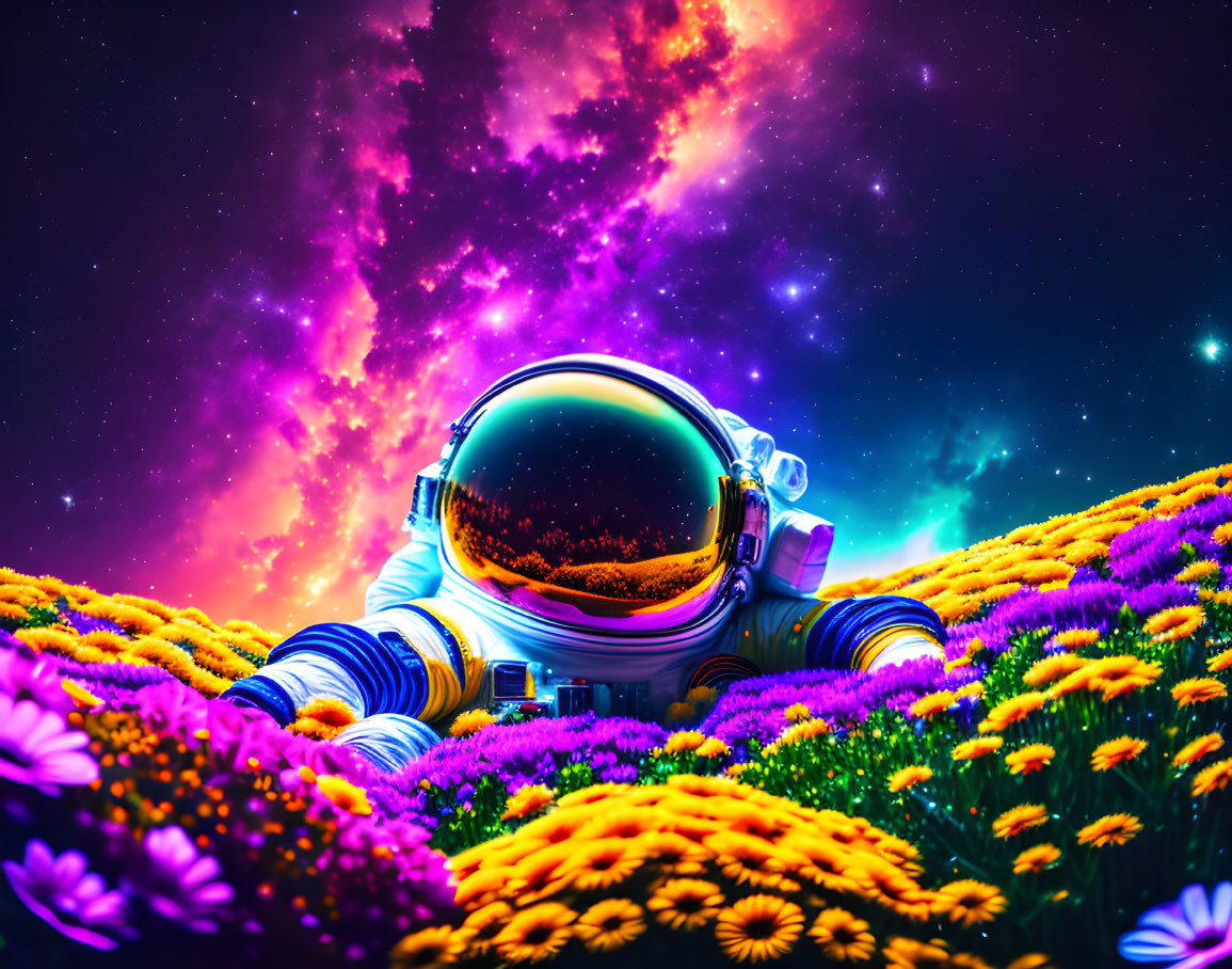 Astronaut in vibrant flower field with cosmic nebula backdrop.