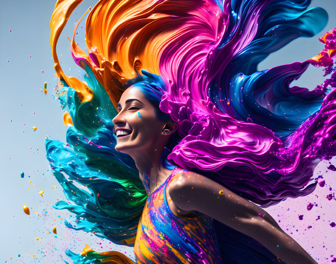 Colorful Paint Splatter Artwork Featuring Smiling Woman