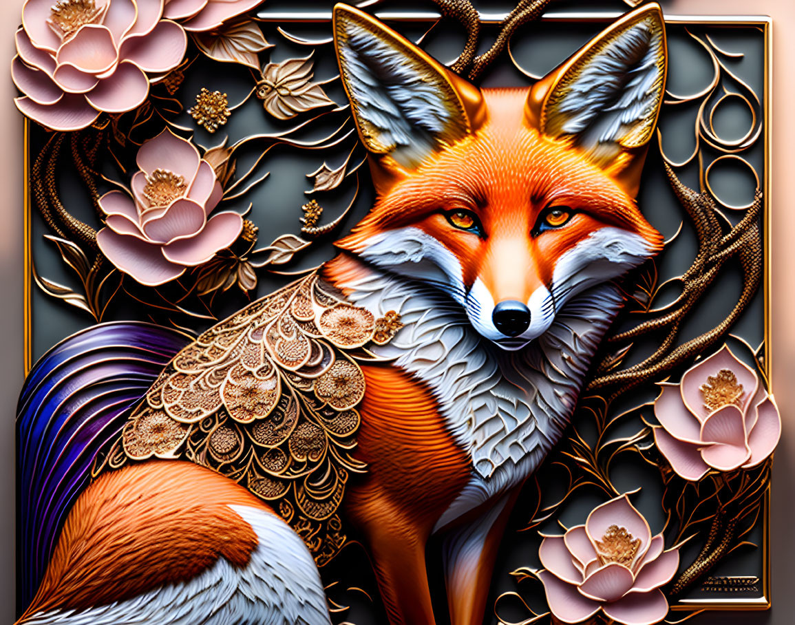 Intricate fox illustration with floral details on dark background