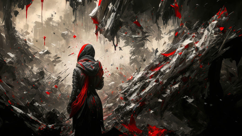 Red Cloaked Figure in Chaotic Scene with Supernatural Elements