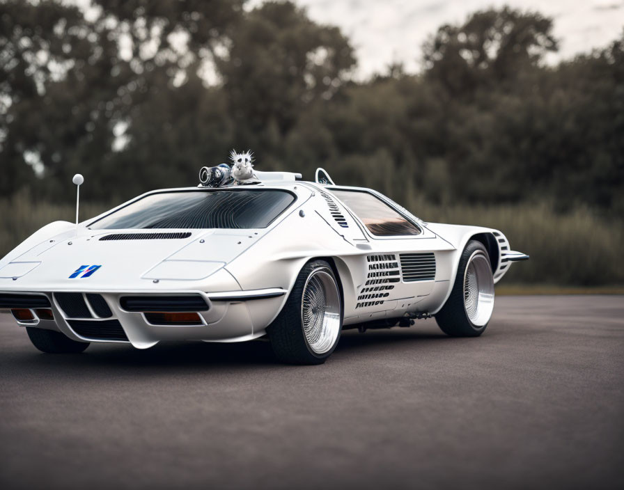 Futuristic white sports car with gull-wing doors on asphalt road