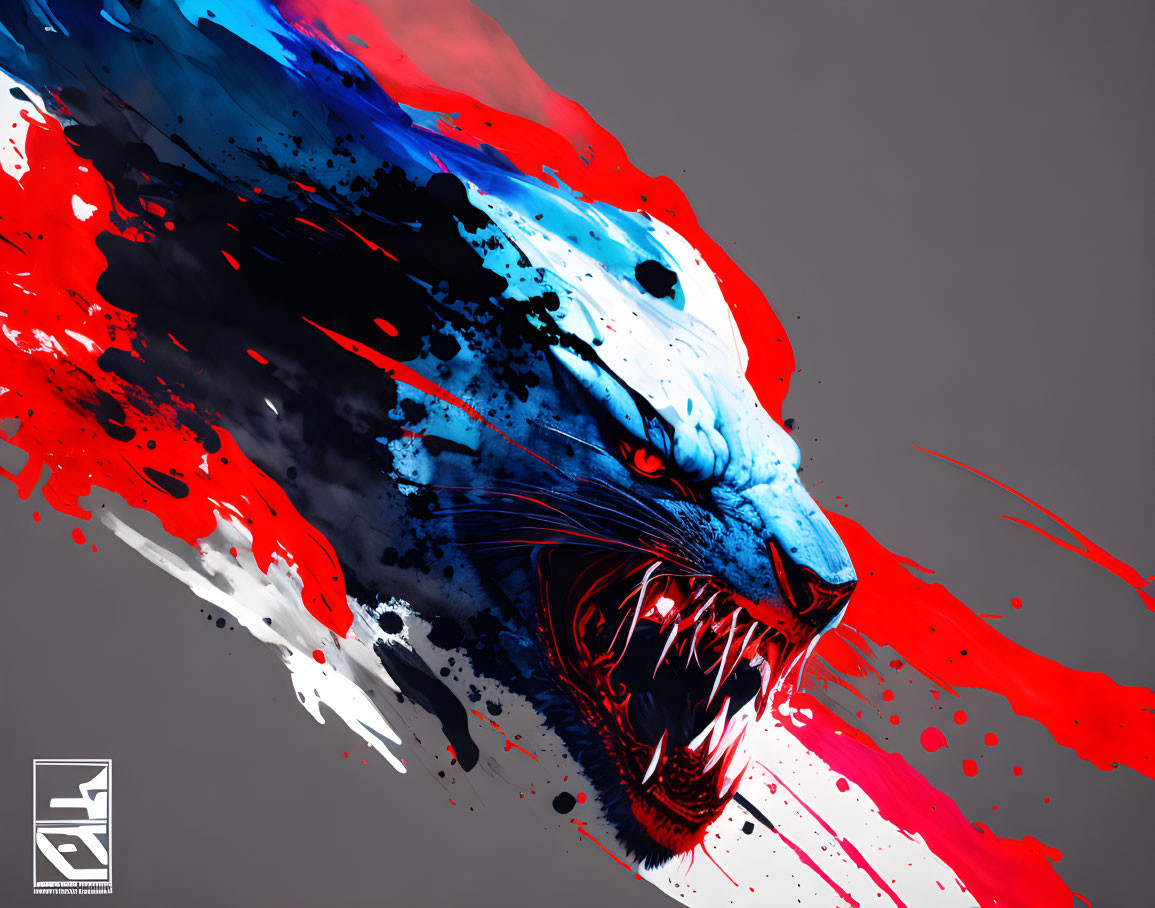 Vivid digital artwork of roaring panther with blue and red splashes on grey background