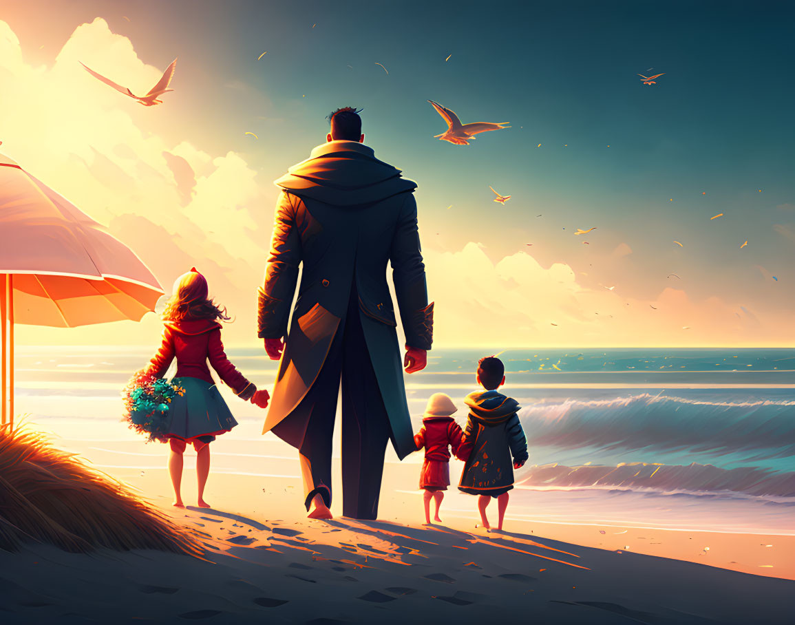 Man in coat walks with children on beach at sunset with umbrella and seagulls