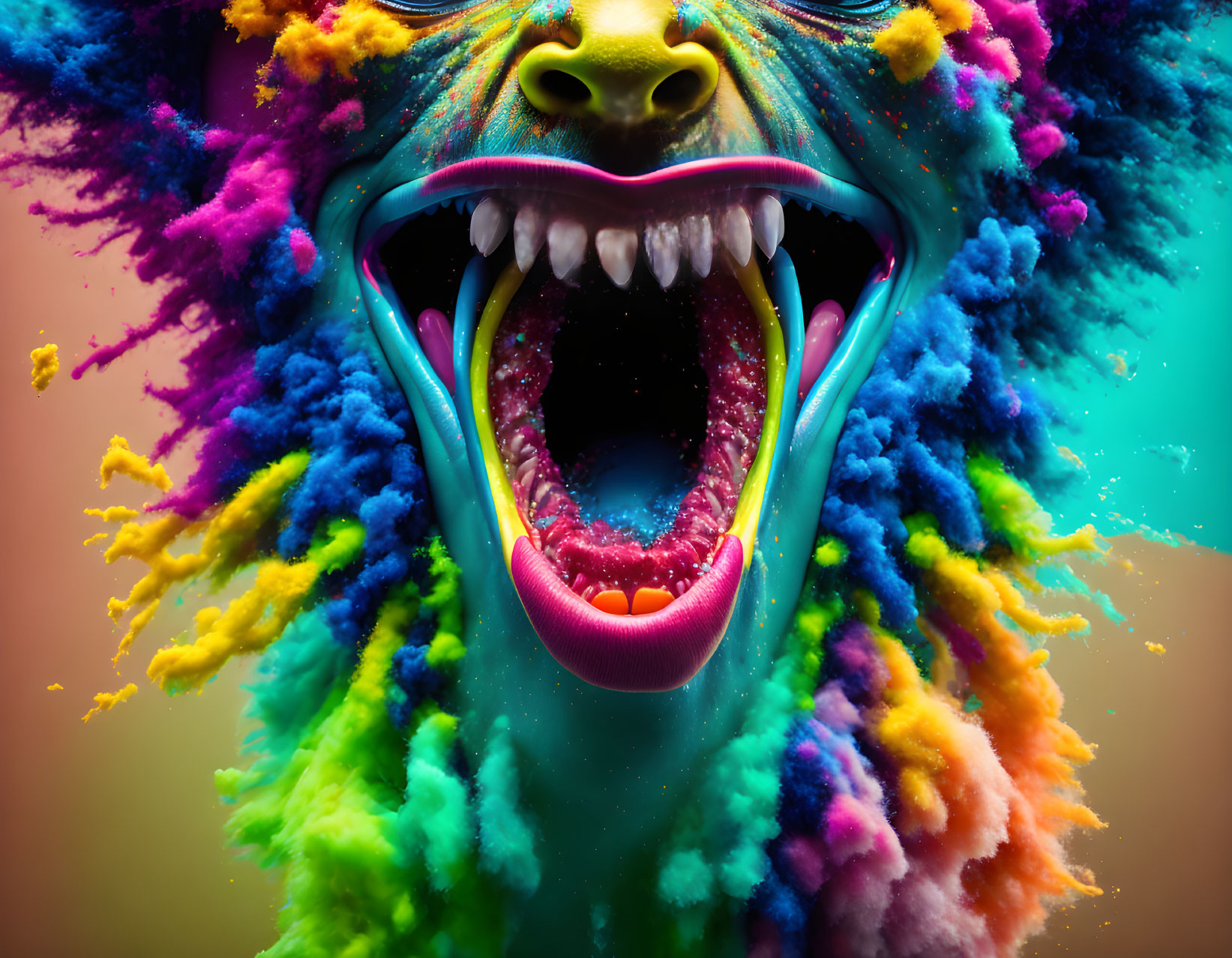 Colorful powder explosion around screaming face on neon background