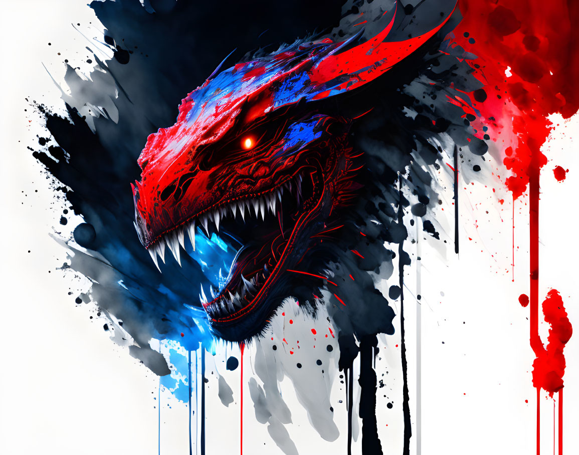 Vibrant digital artwork: Menacing dragon head in red and blue splattered with ink and blood