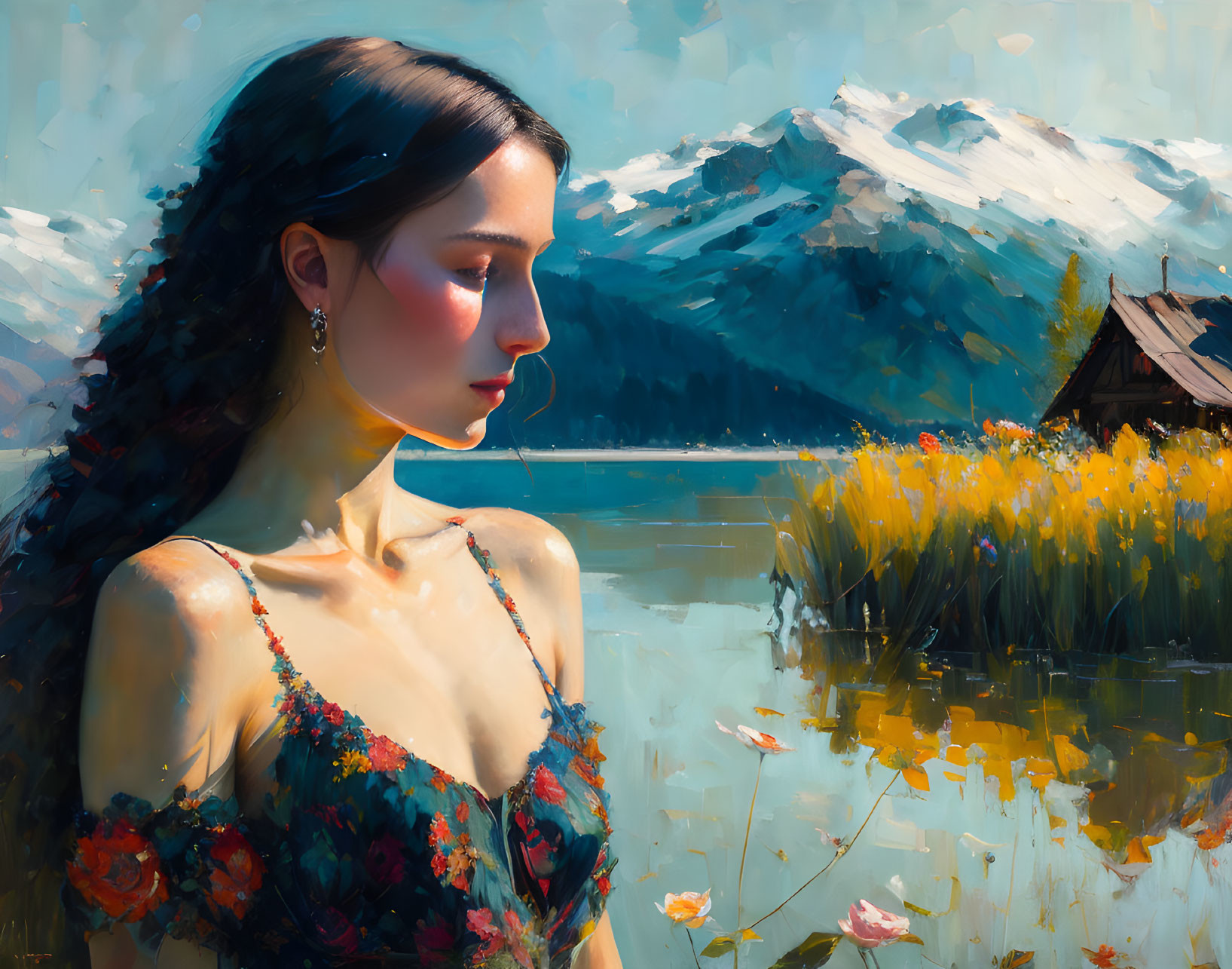 Woman in floral dress by lake with mountains - Artwork description