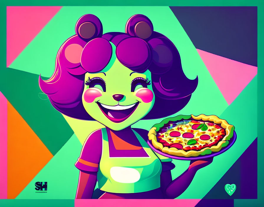 Smiling female bear holding pizza on geometric background