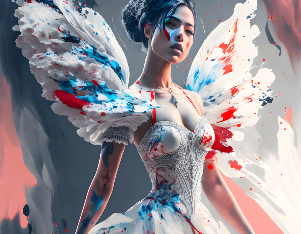 Surreal artwork: Woman with blue and red paint-splattered wings