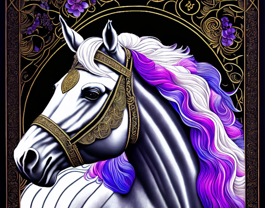 White unicorn with purple mane and gold bridle on dark floral background