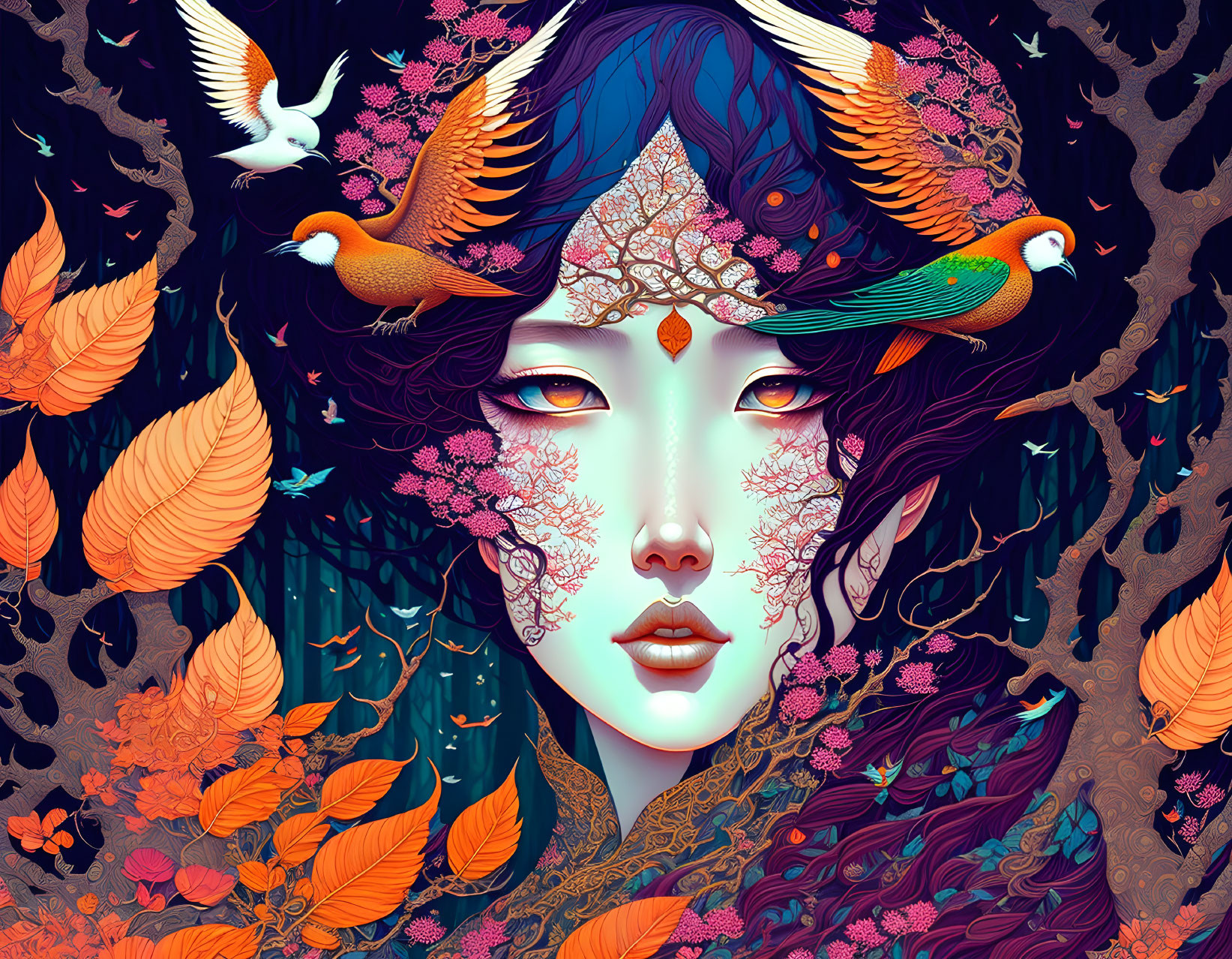 Colorful Woman Illustration with Nature Elements and Birds