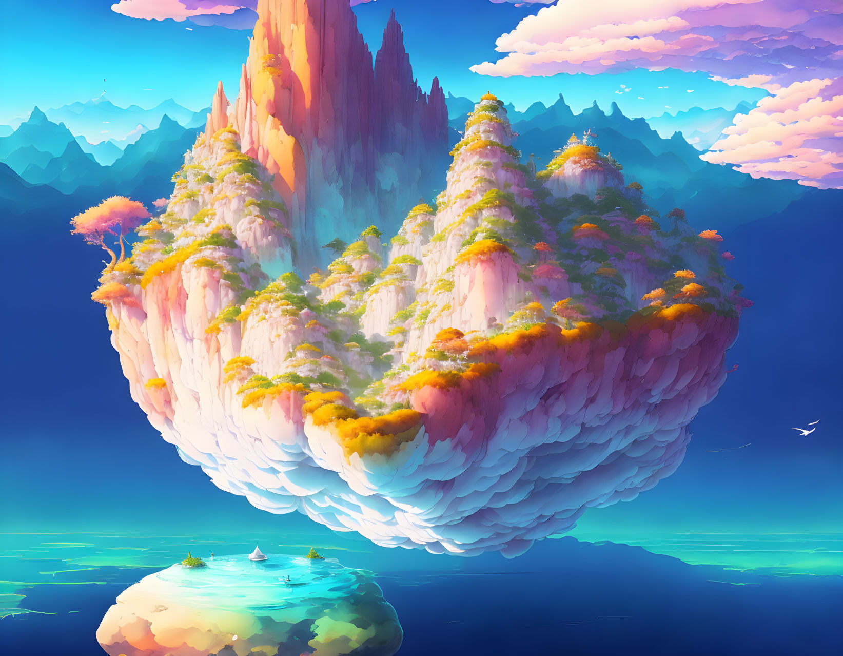 Scenic floating island with greenery, waterfalls, ocean view at sunset