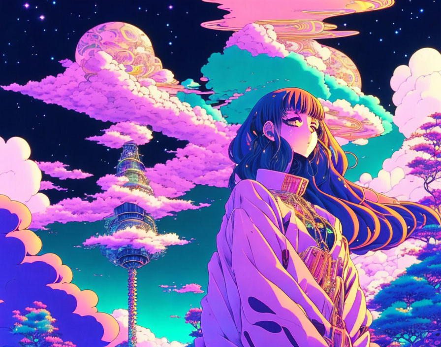 Vibrant anime-style illustration of girl under night sky