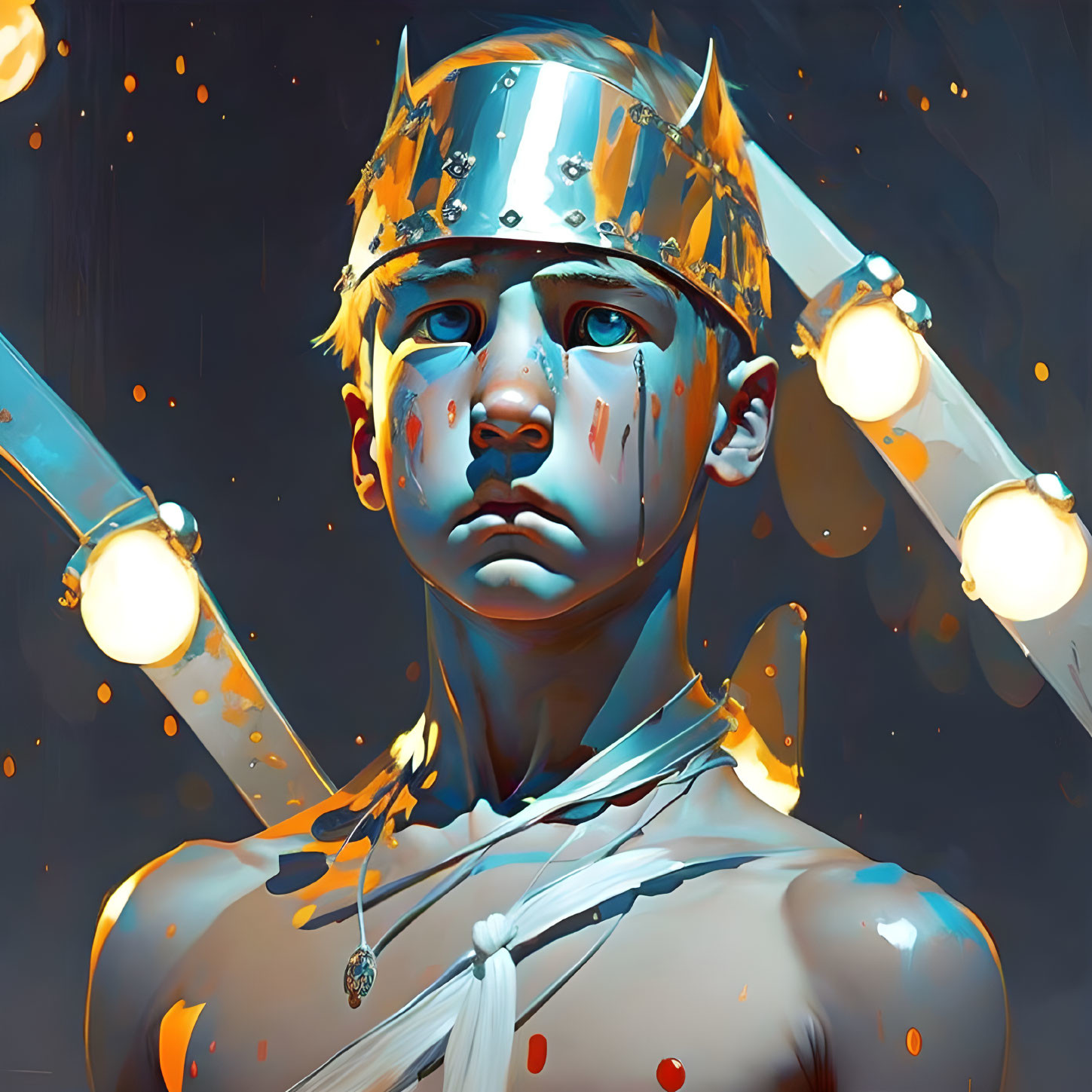 Young boy with blue eyes in metal crown, glowing orbs, and paint splatters