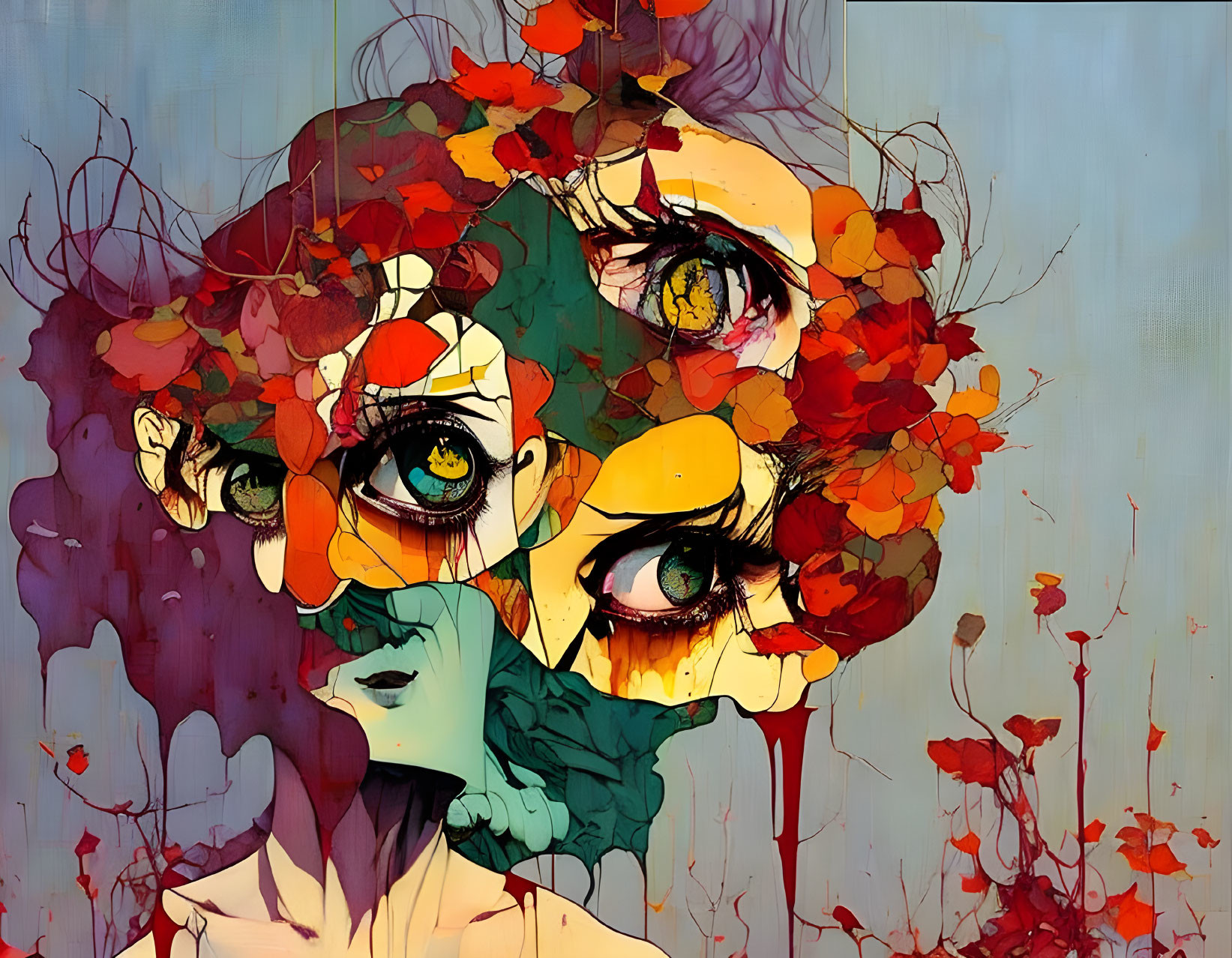 Vibrant surreal face with multiple eyes and red floral details