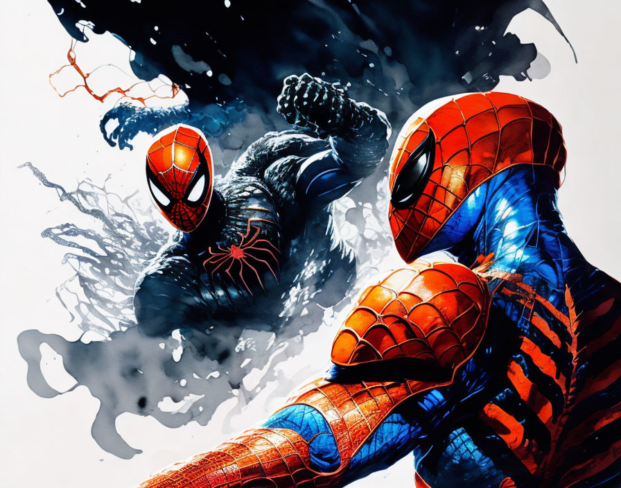 Three Spider-Man characters in unique suits in dynamic poses on ink-splashed backdrop