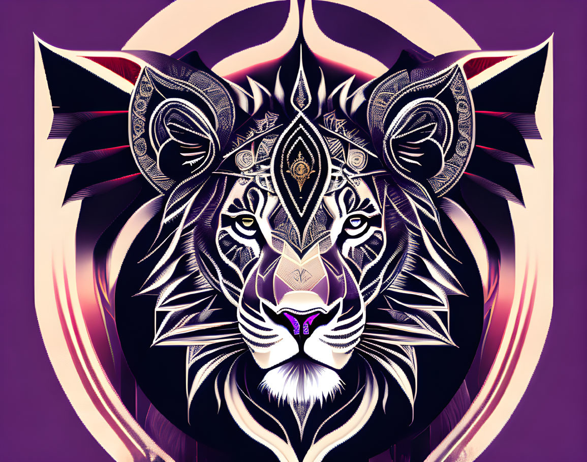 Regal lion graphic illustration with geometric patterns in black, white, and purple