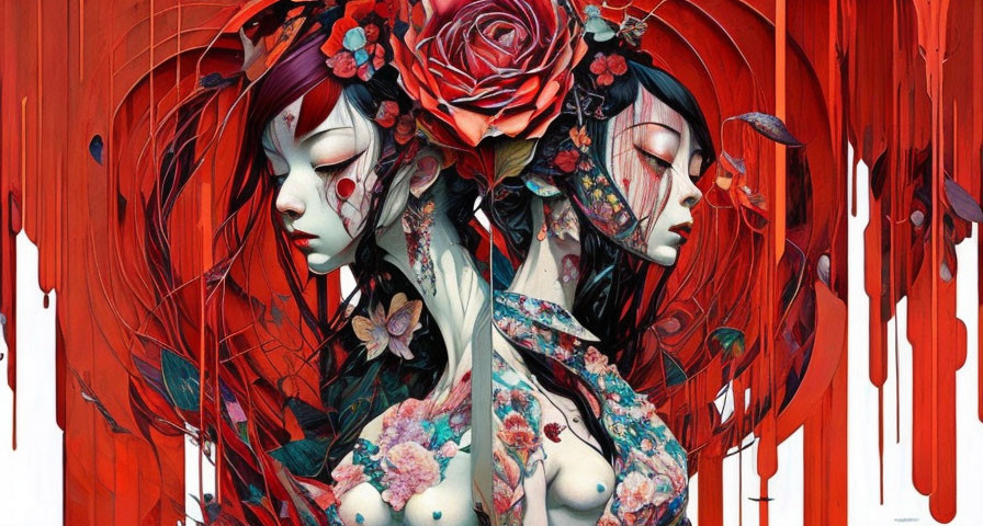 Symmetrical female figures with floral designs on red backdrop