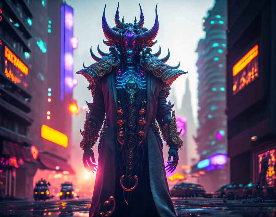 Person in dark, ornate costume with glowing blue accents in futuristic cityscape