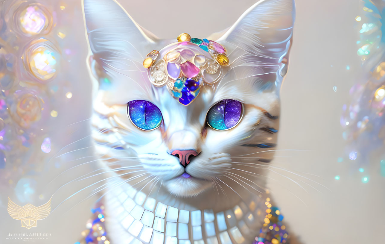 White Cat Digital Artwork with Cosmic Eyes and Jeweled Headdress