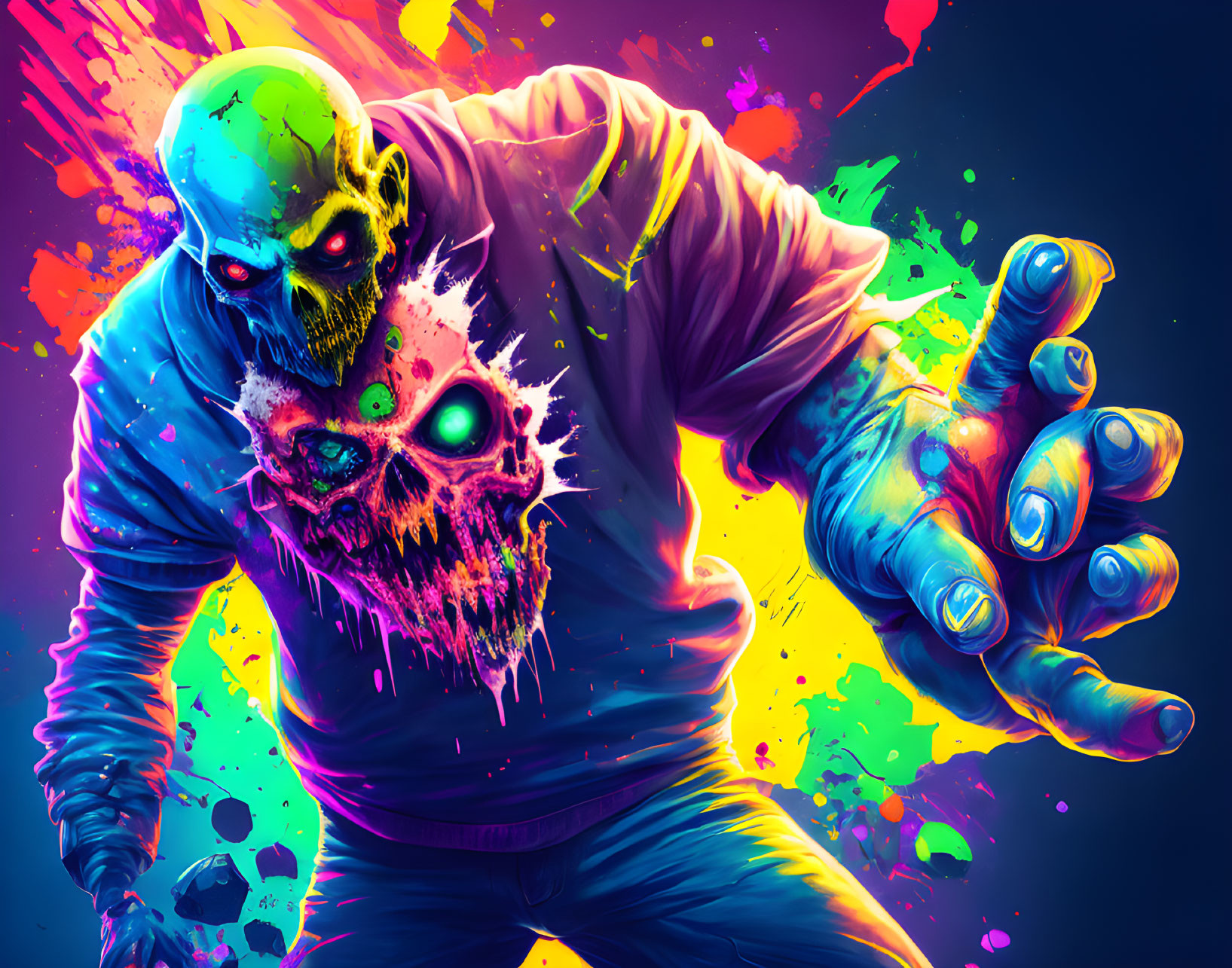 Colorful zombie illustration with glowing skull in neon backdrop