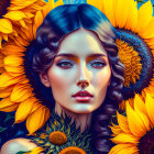 Woman's portrait with bold blue tones and sunflowers in vibrant artwork