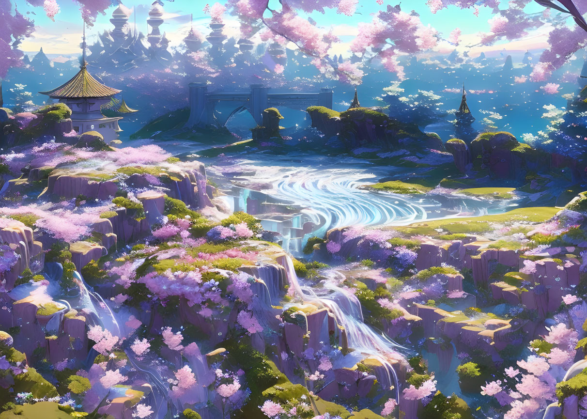 Fantasy landscape with cherry blossoms, waterfalls, rivers, and pagodas