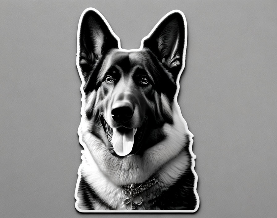 German Shepherd head sticker with chain collar on grey background