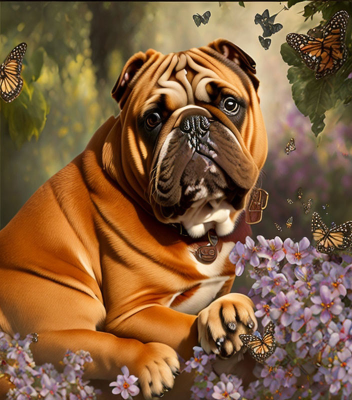 Brown and White Bulldog Surrounded by Flowers and Butterflies