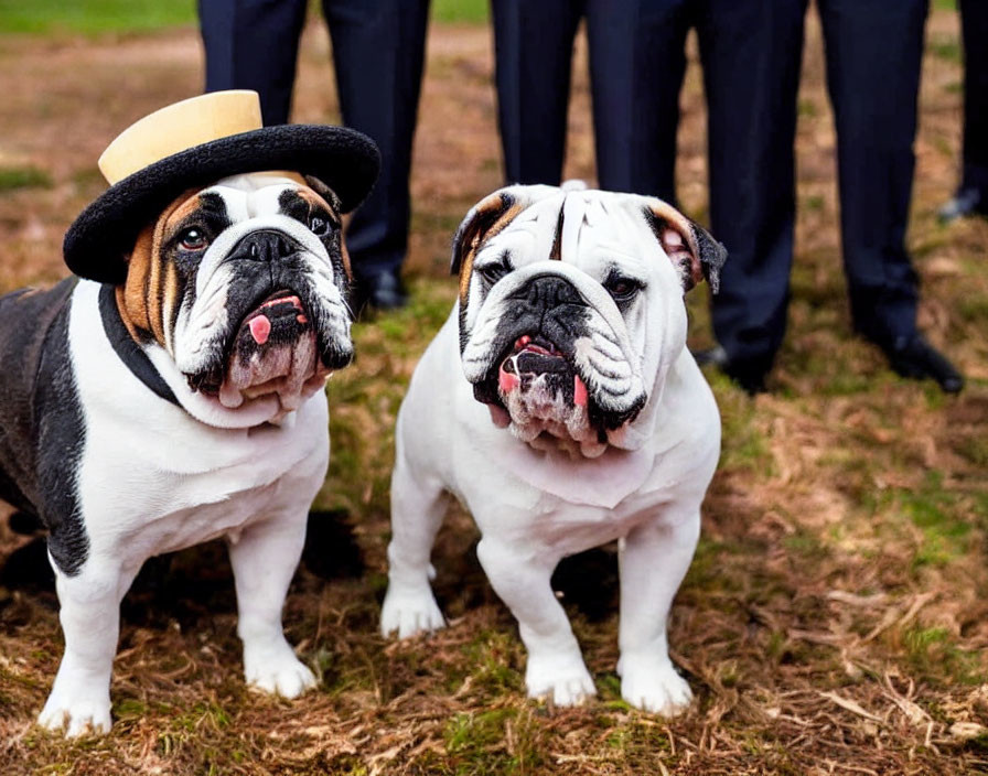 Two Bulldogs Standing Together on Grass with People's Legs in Background