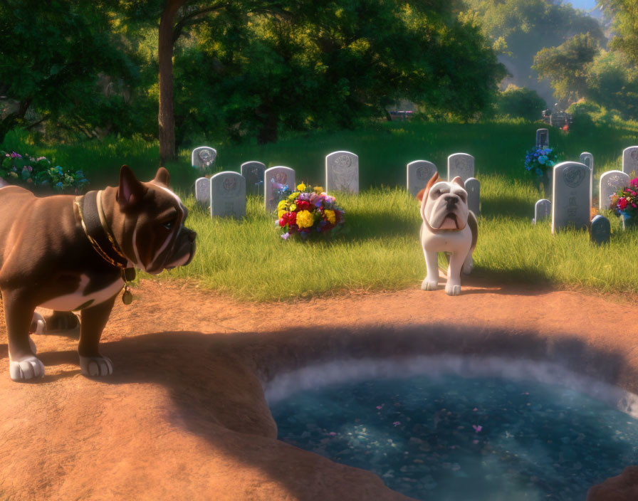 Animated bulldogs in serene pet cemetery with pond and tombstones